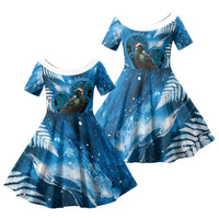 Tui Bird New Zealand Christmas In July Family Matching Tank Maxi Dress and Hawaiian Shirt NZ Aroha Koru Fern Marble Vibes LT14 Daughter's Dress Blue - Polynesian Pride