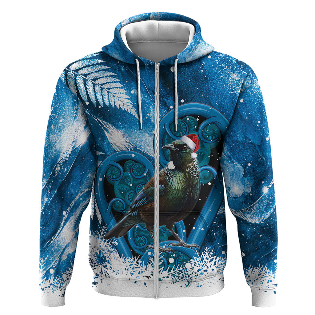 Tui Bird New Zealand Christmas In July Hoodie NZ Aroha Koru Fern Marble Vibes LT14 Zip Hoodie Blue - Polynesian Pride