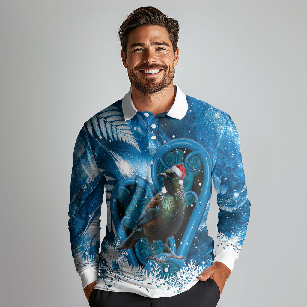 Tui Bird New Zealand Christmas In July Long Sleeve Polo Shirt NZ Aroha Koru Fern Marble Vibes LT14 - Polynesian Pride