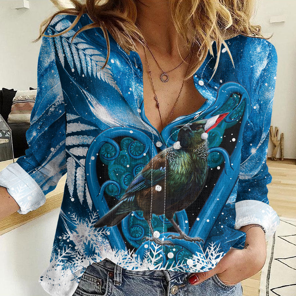 Tui Bird New Zealand Christmas In July Women Casual Shirt NZ Aroha Koru Fern Marble Vibes LT14 Female Blue - Polynesian Pride