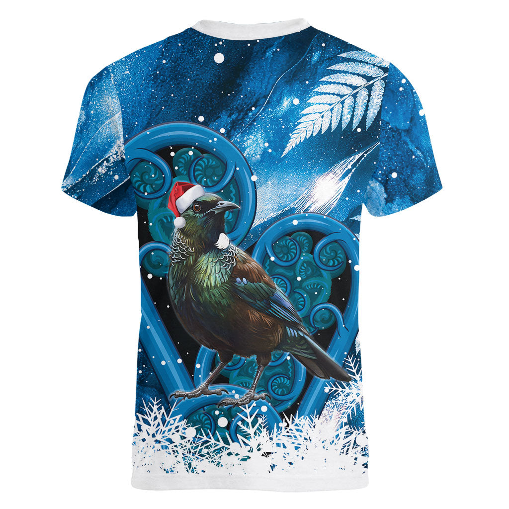 Tui Bird New Zealand Christmas In July Women V-Neck T-Shirt NZ Aroha Koru Fern Marble Vibes LT14 - Polynesian Pride