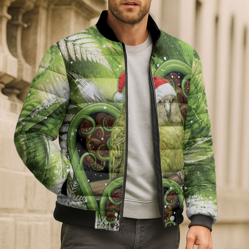 Kakapo New Zealand Christmas In July Bomber Puffer Jacket NZ Aroha Koru Fern Marble Vibes