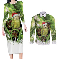 Kakapo New Zealand Christmas In July Couples Matching Long Sleeve Bodycon Dress and Long Sleeve Button Shirt NZ Aroha Koru Fern Marble Vibes LT14 Green - Polynesian Pride