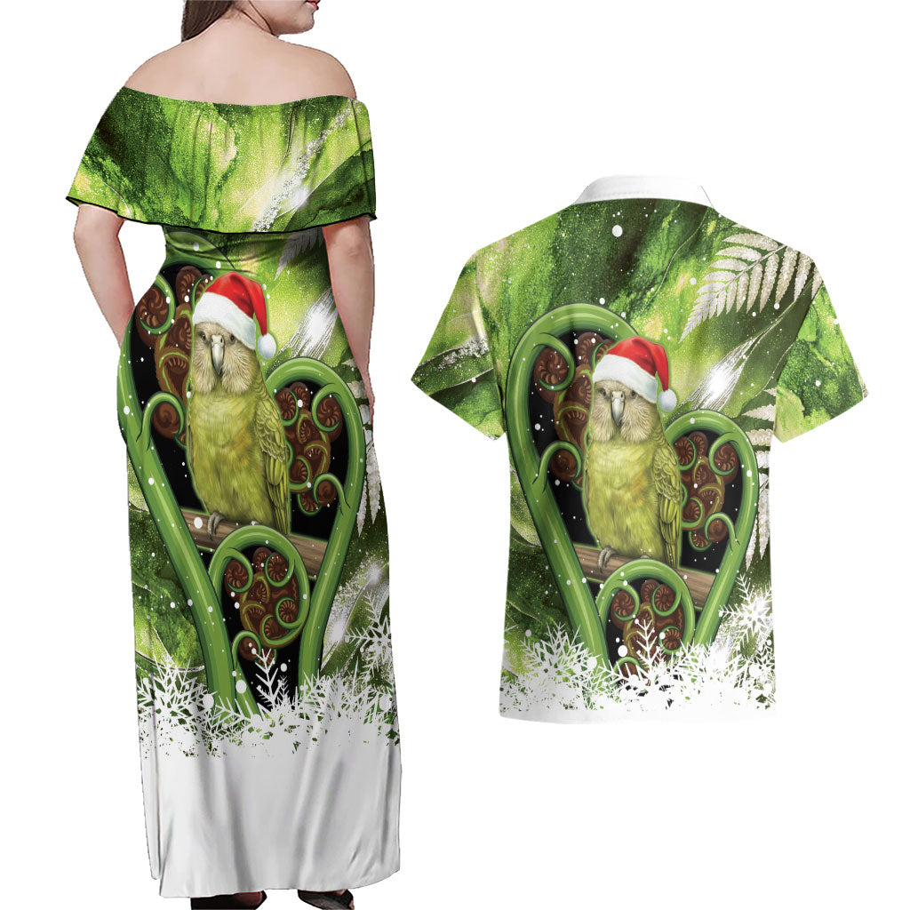 Kakapo New Zealand Christmas In July Couples Matching Off Shoulder Maxi Dress and Hawaiian Shirt NZ Aroha Koru Fern Marble Vibes LT14 - Polynesian Pride