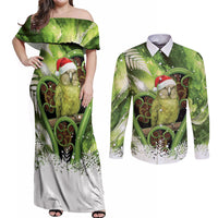 Kakapo New Zealand Christmas In July Couples Matching Off Shoulder Maxi Dress and Long Sleeve Button Shirt NZ Aroha Koru Fern Marble Vibes LT14 Green - Polynesian Pride