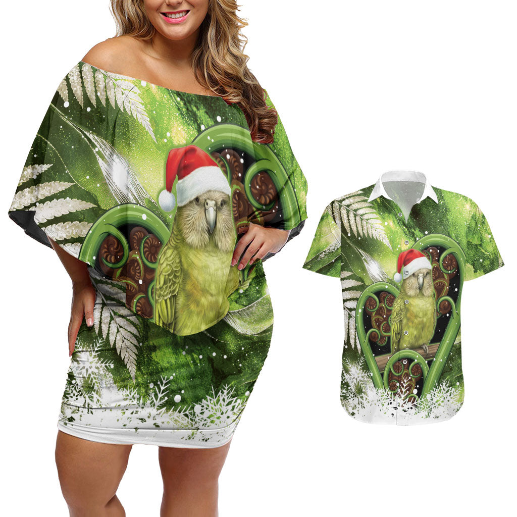 Kakapo New Zealand Christmas In July Couples Matching Off Shoulder Short Dress and Hawaiian Shirt NZ Aroha Koru Fern Marble Vibes LT14 Green - Polynesian Pride