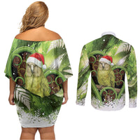 Kakapo New Zealand Christmas In July Couples Matching Off Shoulder Short Dress and Long Sleeve Button Shirt NZ Aroha Koru Fern Marble Vibes LT14 - Polynesian Pride