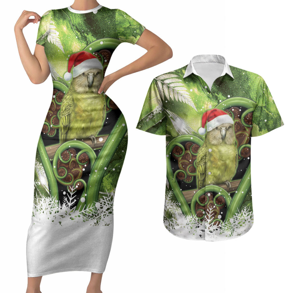 Kakapo New Zealand Christmas In July Couples Matching Short Sleeve Bodycon Dress and Hawaiian Shirt NZ Aroha Koru Fern Marble Vibes LT14 Green - Polynesian Pride