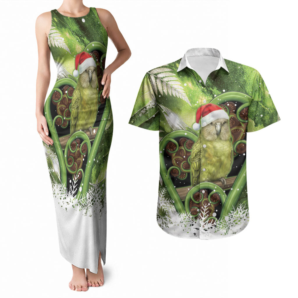 Kakapo New Zealand Christmas In July Couples Matching Tank Maxi Dress and Hawaiian Shirt NZ Aroha Koru Fern Marble Vibes LT14 Green - Polynesian Pride
