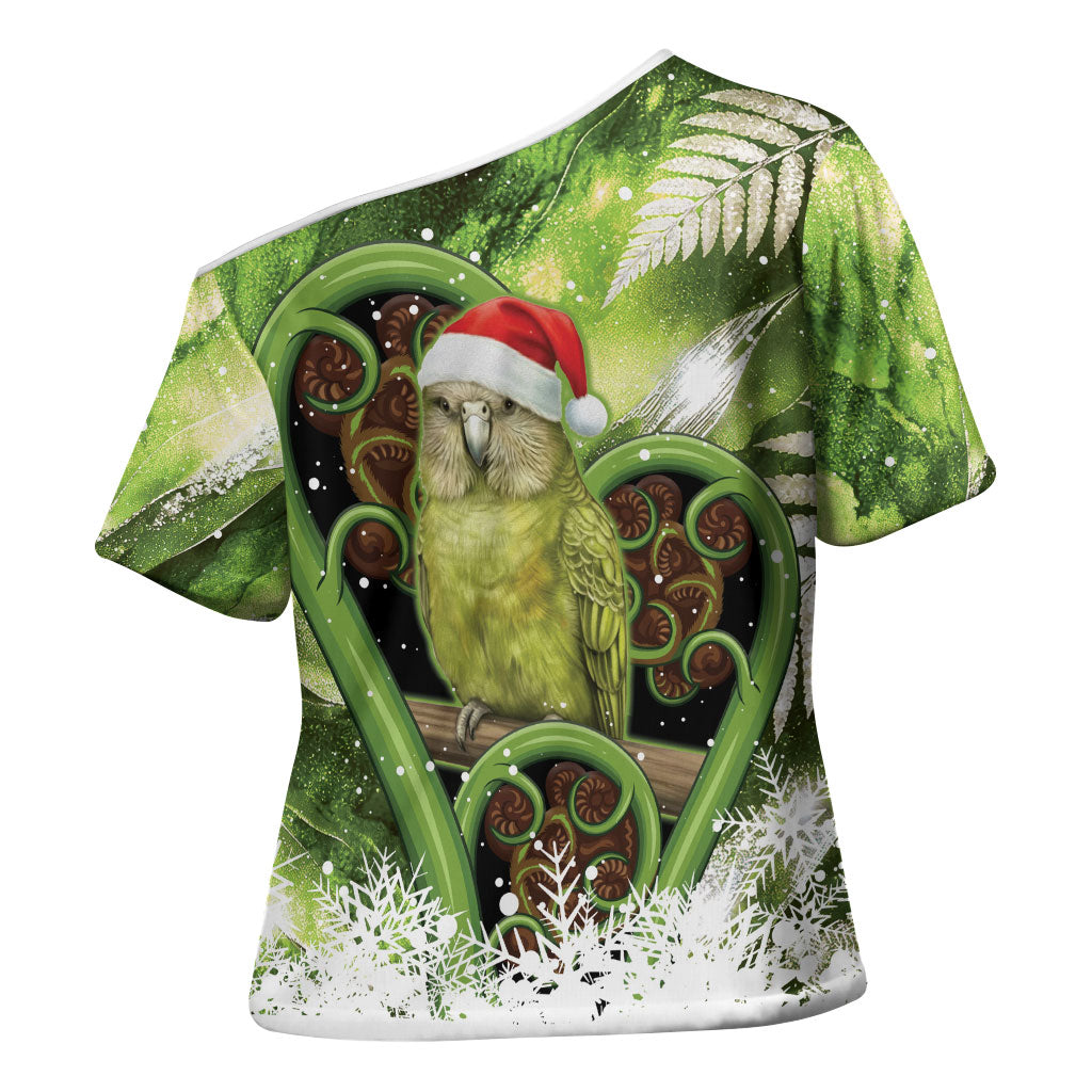Kakapo New Zealand Christmas In July Cross Shoulder Shirt NZ Aroha Koru Fern Marble Vibes LT14 - Polynesian Pride
