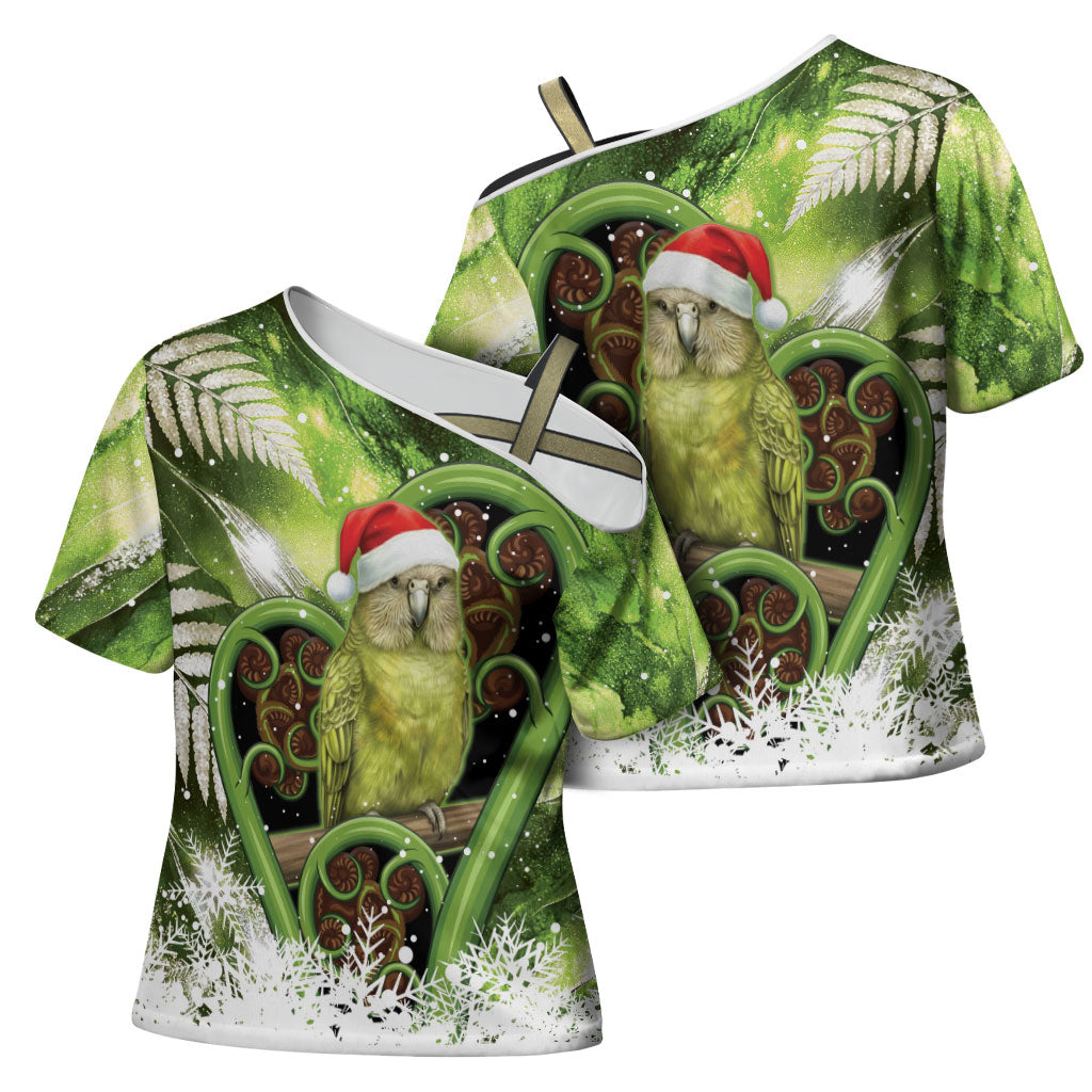 Kakapo New Zealand Christmas In July Cross Shoulder Shirt NZ Aroha Koru Fern Marble Vibes LT14 - Polynesian Pride