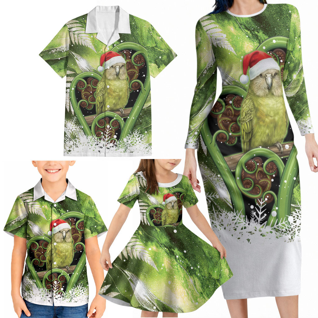 Kakapo New Zealand Christmas In July Family Matching Long Sleeve Bodycon Dress and Hawaiian Shirt NZ Aroha Koru Fern Marble Vibes LT14 - Polynesian Pride