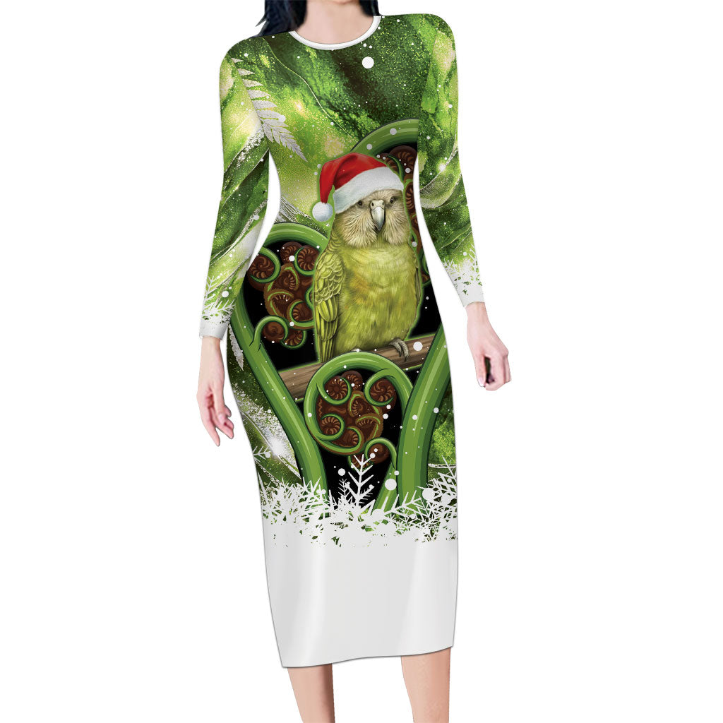 Kakapo New Zealand Christmas In July Family Matching Long Sleeve Bodycon Dress and Hawaiian Shirt NZ Aroha Koru Fern Marble Vibes LT14 Mom's Dress Green - Polynesian Pride