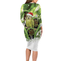Kakapo New Zealand Christmas In July Family Matching Long Sleeve Bodycon Dress and Hawaiian Shirt NZ Aroha Koru Fern Marble Vibes LT14 - Polynesian Pride