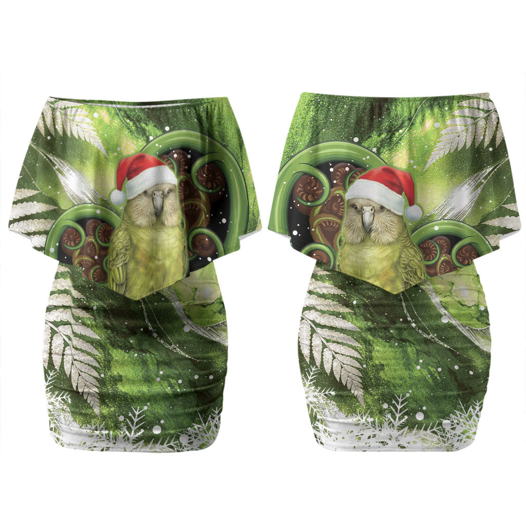 Kakapo New Zealand Christmas In July Family Matching Off Shoulder Short Dress and Hawaiian Shirt NZ Aroha Koru Fern Marble Vibes LT14 Mom's Dress Green - Polynesian Pride