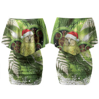 Kakapo New Zealand Christmas In July Family Matching Off Shoulder Short Dress and Hawaiian Shirt NZ Aroha Koru Fern Marble Vibes LT14 Mom's Dress Green - Polynesian Pride