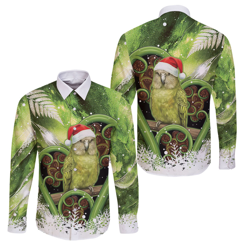 Kakapo New Zealand Christmas In July Family Matching Off Shoulder Short Dress and Hawaiian Shirt NZ Aroha Koru Fern Marble Vibes LT14 Dad's Shirt - Long Sleeve Green - Polynesian Pride
