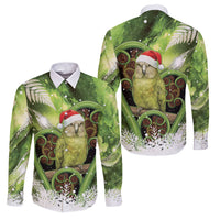 Kakapo New Zealand Christmas In July Family Matching Off Shoulder Short Dress and Hawaiian Shirt NZ Aroha Koru Fern Marble Vibes LT14 Dad's Shirt - Long Sleeve Green - Polynesian Pride