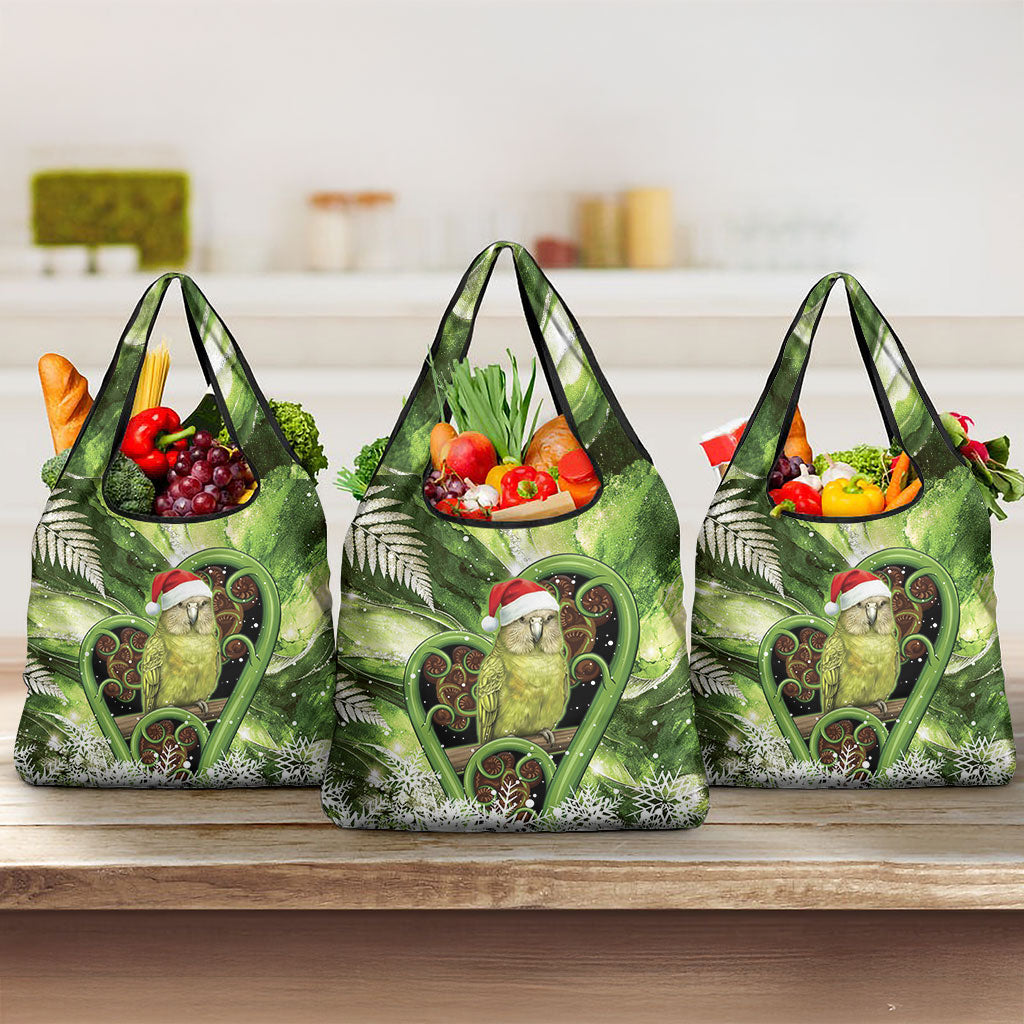 Kakapo New Zealand Christmas In July Grocery Bag NZ Aroha Koru Fern Marble Vibes LT14 3-pack One Size Green - Polynesian Pride