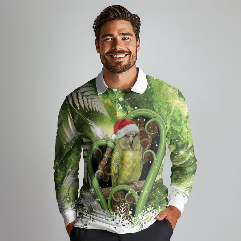 Kakapo New Zealand Christmas In July Long Sleeve Polo Shirt NZ Aroha Koru Fern Marble Vibes LT14 - Polynesian Pride