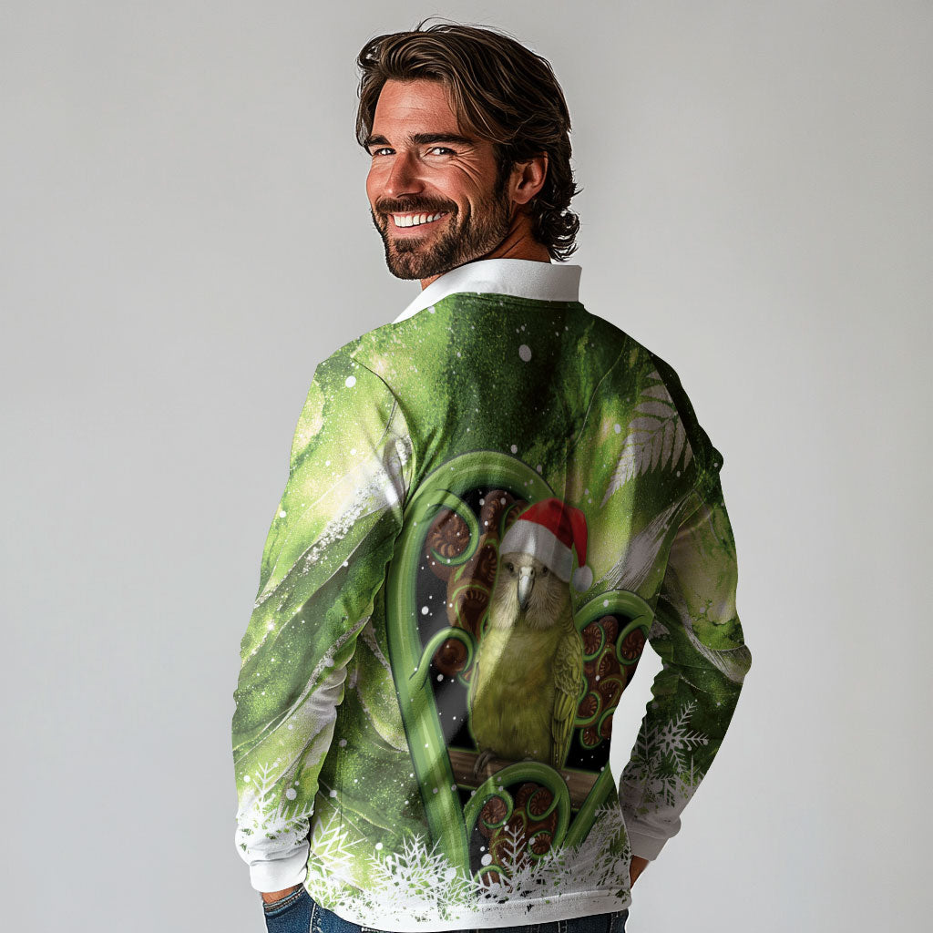 Kakapo New Zealand Christmas In July Long Sleeve Polo Shirt NZ Aroha Koru Fern Marble Vibes LT14 - Polynesian Pride