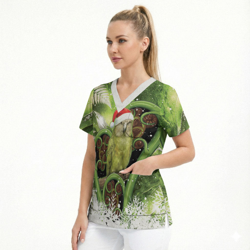 Kakapo New Zealand Christmas In July Scrub Top NZ Aroha Koru Fern Marble Vibes