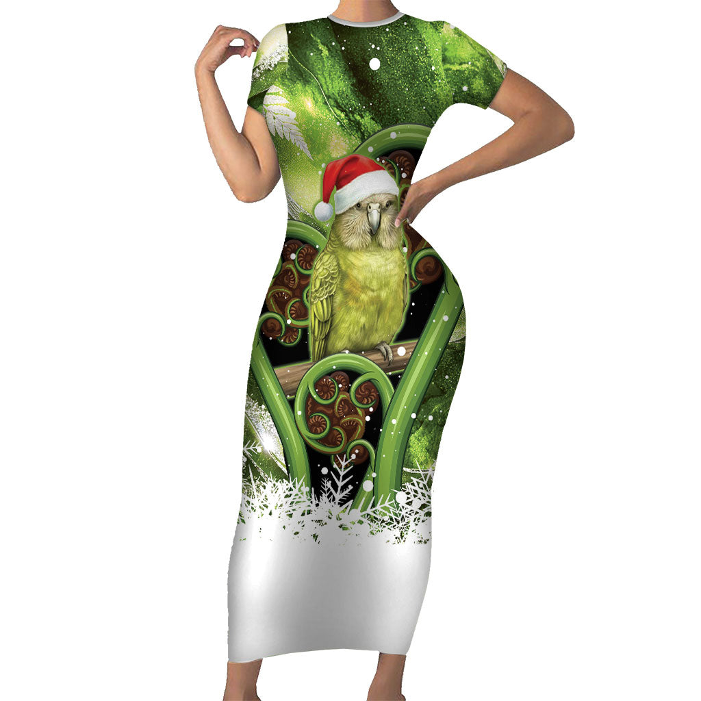 Kakapo New Zealand Christmas In July Short Sleeve Bodycon Dress NZ Aroha Koru Fern Marble Vibes LT14 Long Dress Green - Polynesian Pride