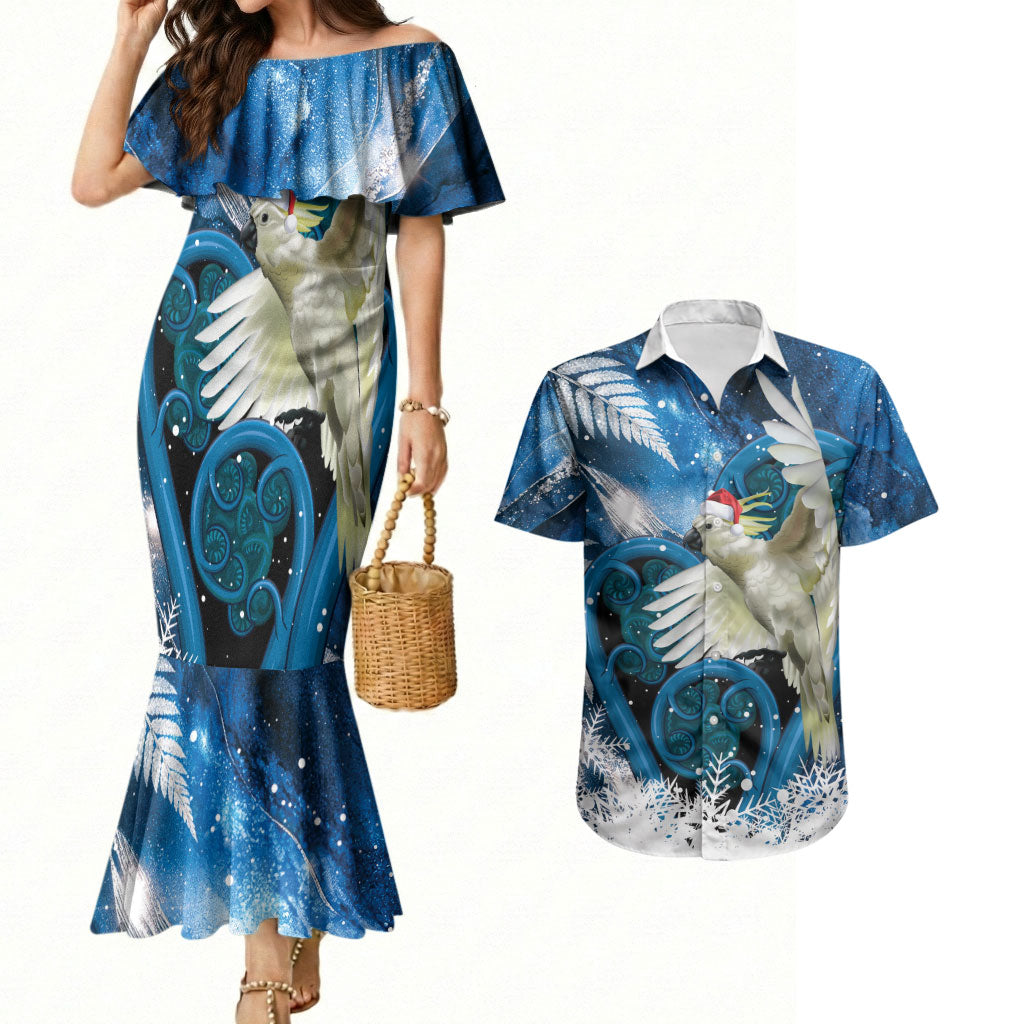 Sulphur-crested Cockatoo New Zealand Christmas In July Couples Matching Mermaid Dress and Hawaiian Shirt NZ Aroha Koru Fern Marble Vibes LT14 Blue - Polynesian Pride