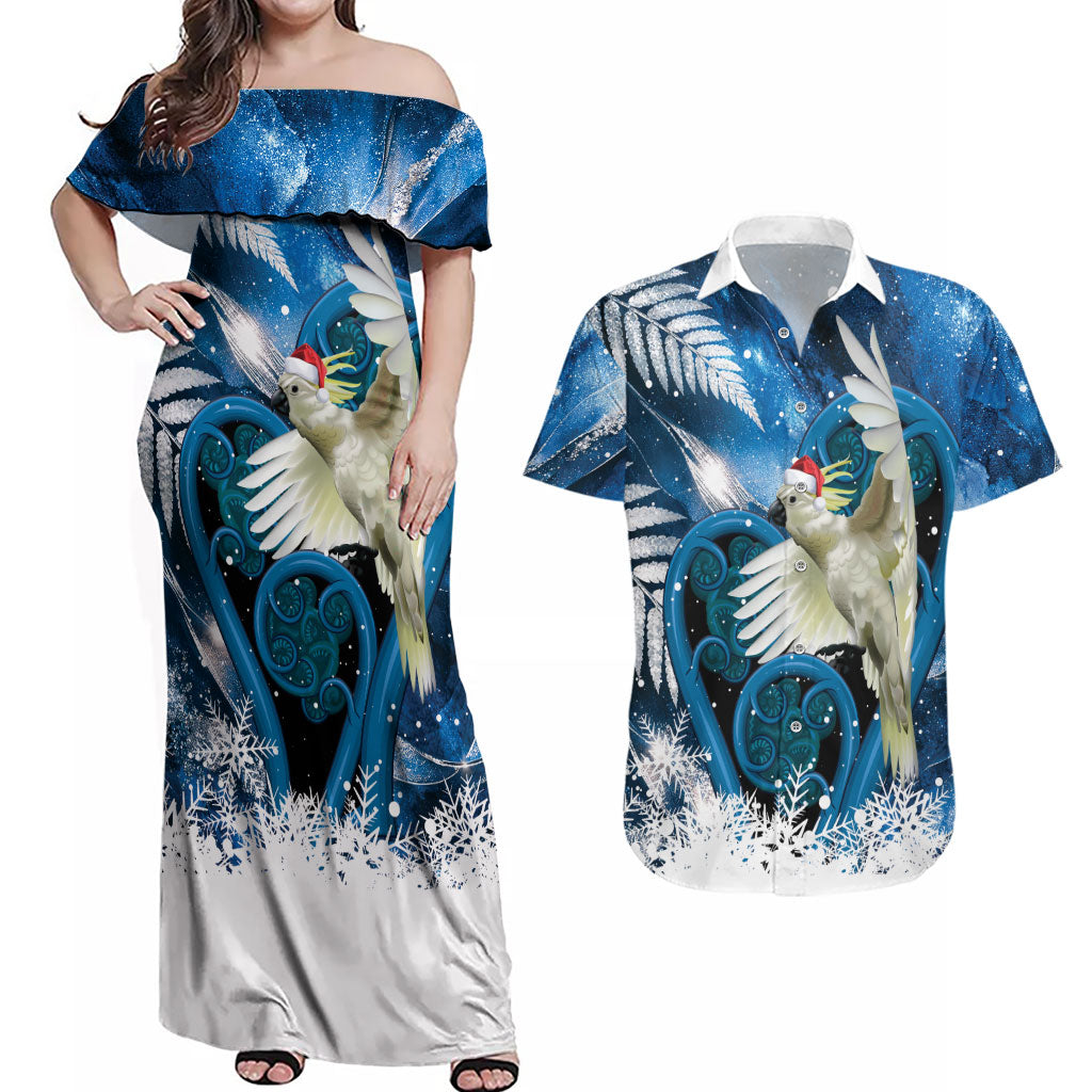 Sulphur-crested Cockatoo New Zealand Christmas In July Couples Matching Off Shoulder Maxi Dress and Hawaiian Shirt NZ Aroha Koru Fern Marble Vibes LT14 Blue - Polynesian Pride