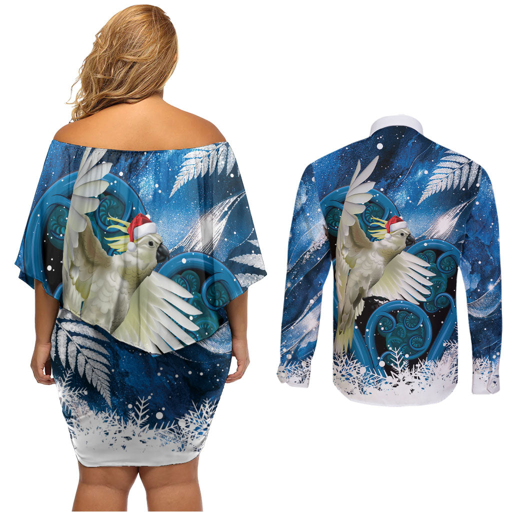 Sulphur-crested Cockatoo New Zealand Christmas In July Couples Matching Off Shoulder Short Dress and Long Sleeve Button Shirt NZ Aroha Koru Fern Marble Vibes LT14 - Polynesian Pride