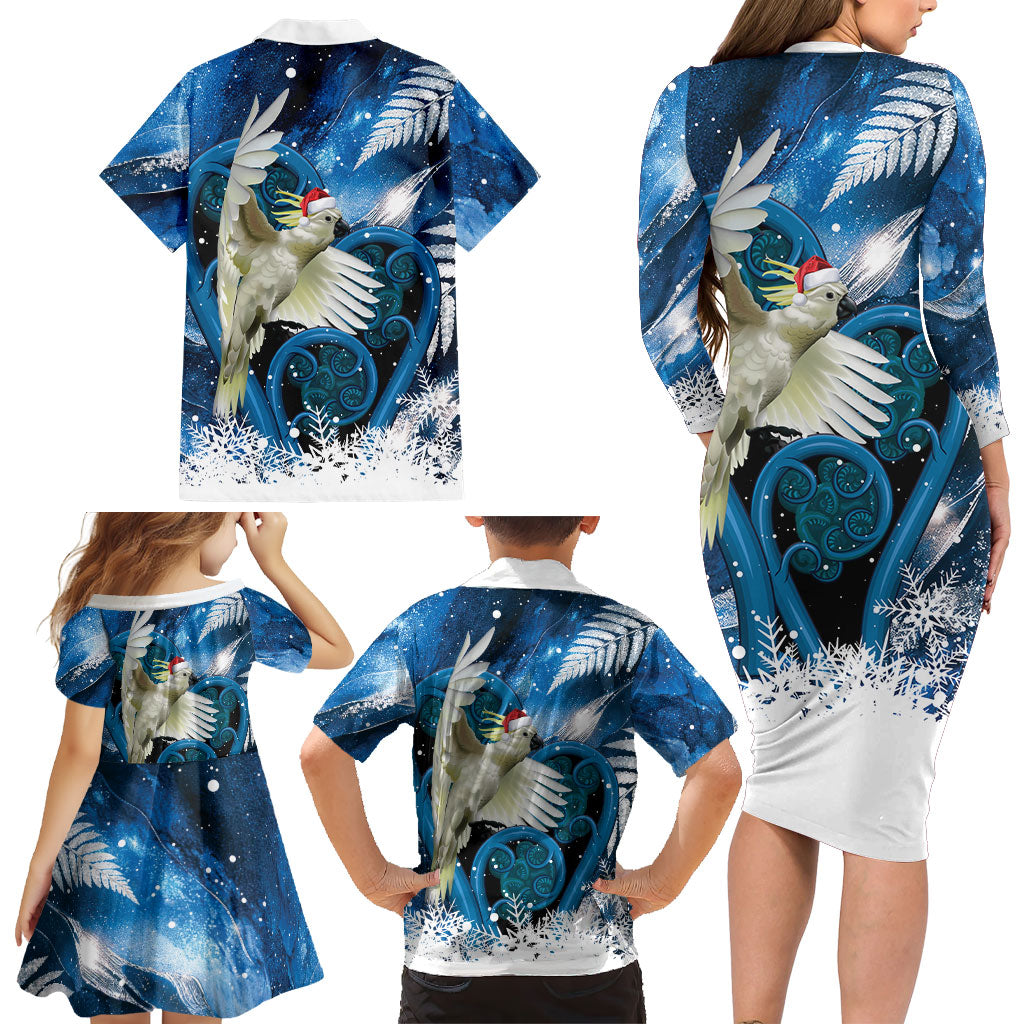 Sulphur-crested Cockatoo New Zealand Christmas In July Family Matching Long Sleeve Bodycon Dress and Hawaiian Shirt NZ Aroha Koru Fern Marble Vibes LT14 - Polynesian Pride
