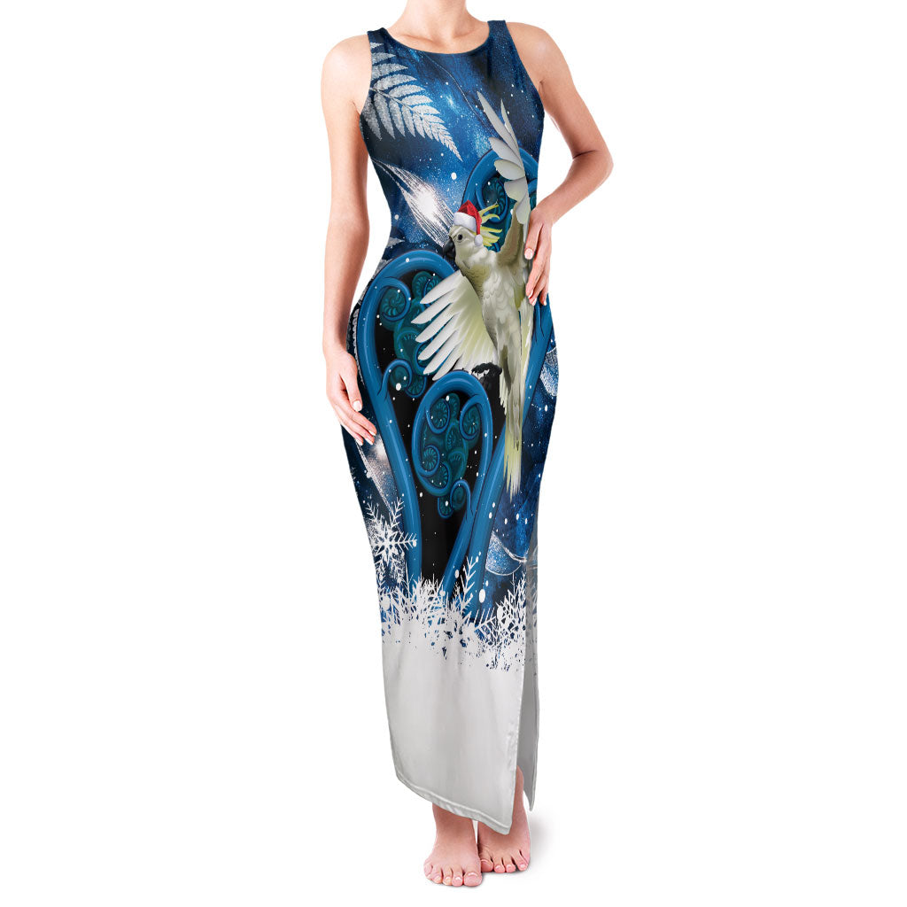 Sulphur-crested Cockatoo New Zealand Christmas In July Family Matching Tank Maxi Dress and Hawaiian Shirt NZ Aroha Koru Fern Marble Vibes LT14 Mom's Dress Blue - Polynesian Pride