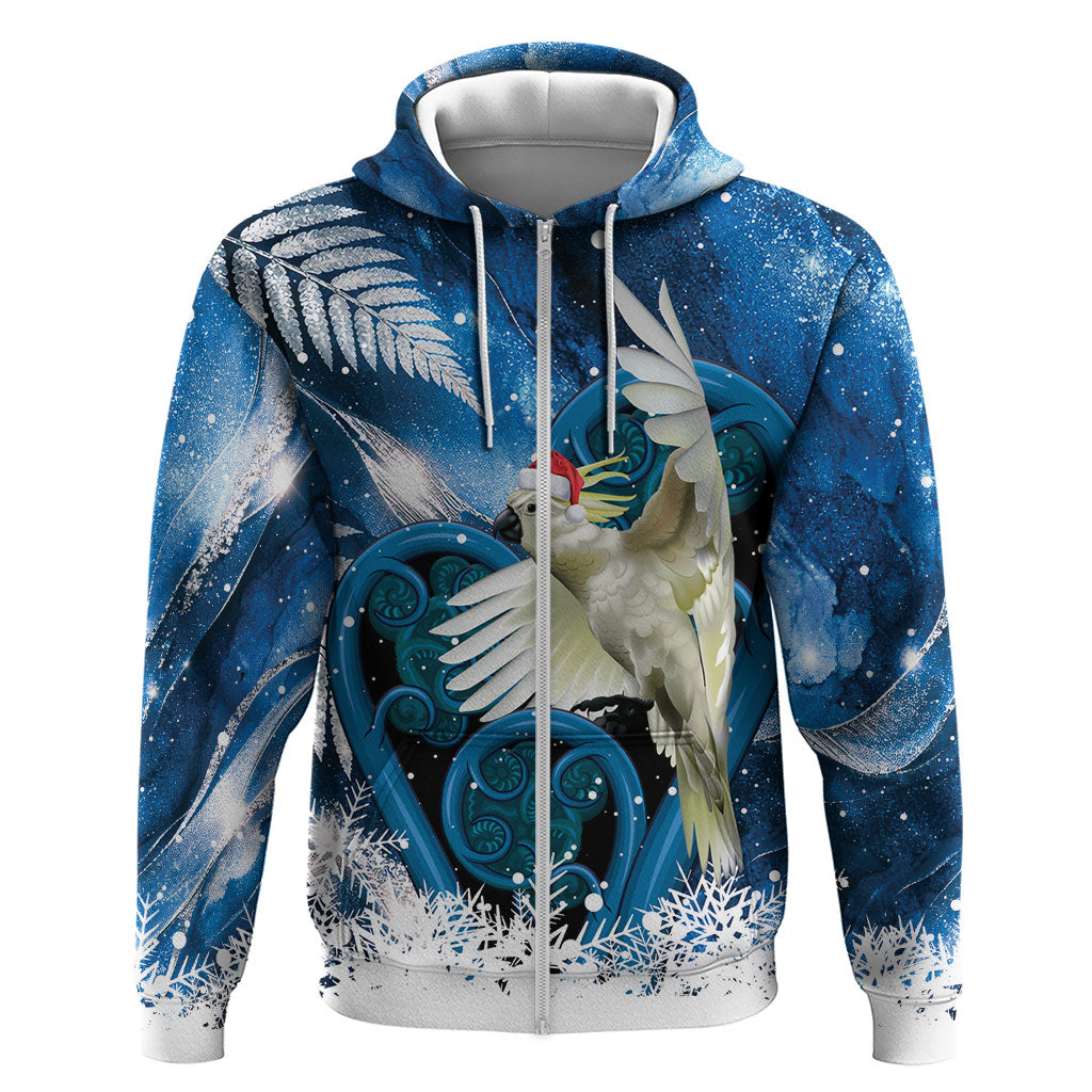 Sulphur-crested Cockatoo New Zealand Christmas In July Hoodie NZ Aroha Koru Fern Marble Vibes LT14 Zip Hoodie Blue - Polynesian Pride