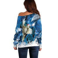 Sulphur-crested Cockatoo New Zealand Christmas In July Off Shoulder Sweater NZ Aroha Koru Fern Marble Vibes LT14 - Polynesian Pride