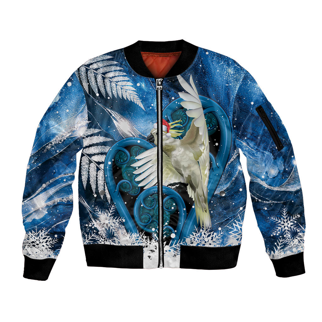 Sulphur-crested Cockatoo New Zealand Christmas In July Sleeve Zip Bomber Jacket NZ Aroha Koru Fern Marble Vibes LT14 Unisex Blue - Polynesian Pride