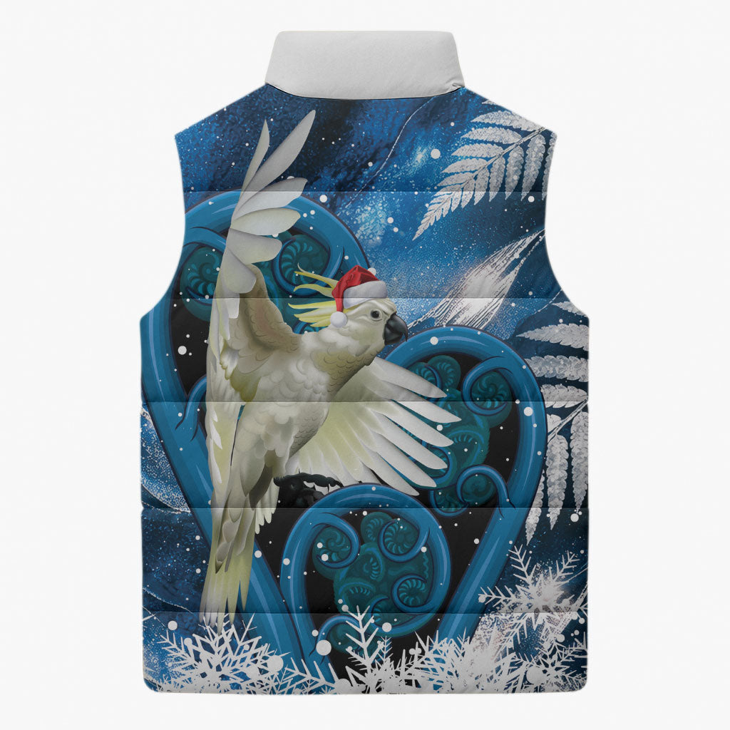 Sulphur-crested Cockatoo New Zealand Christmas In July Sleeveless Puffer Jacket NZ Aroha Koru Fern Marble Vibes LT14 - Polynesian Pride