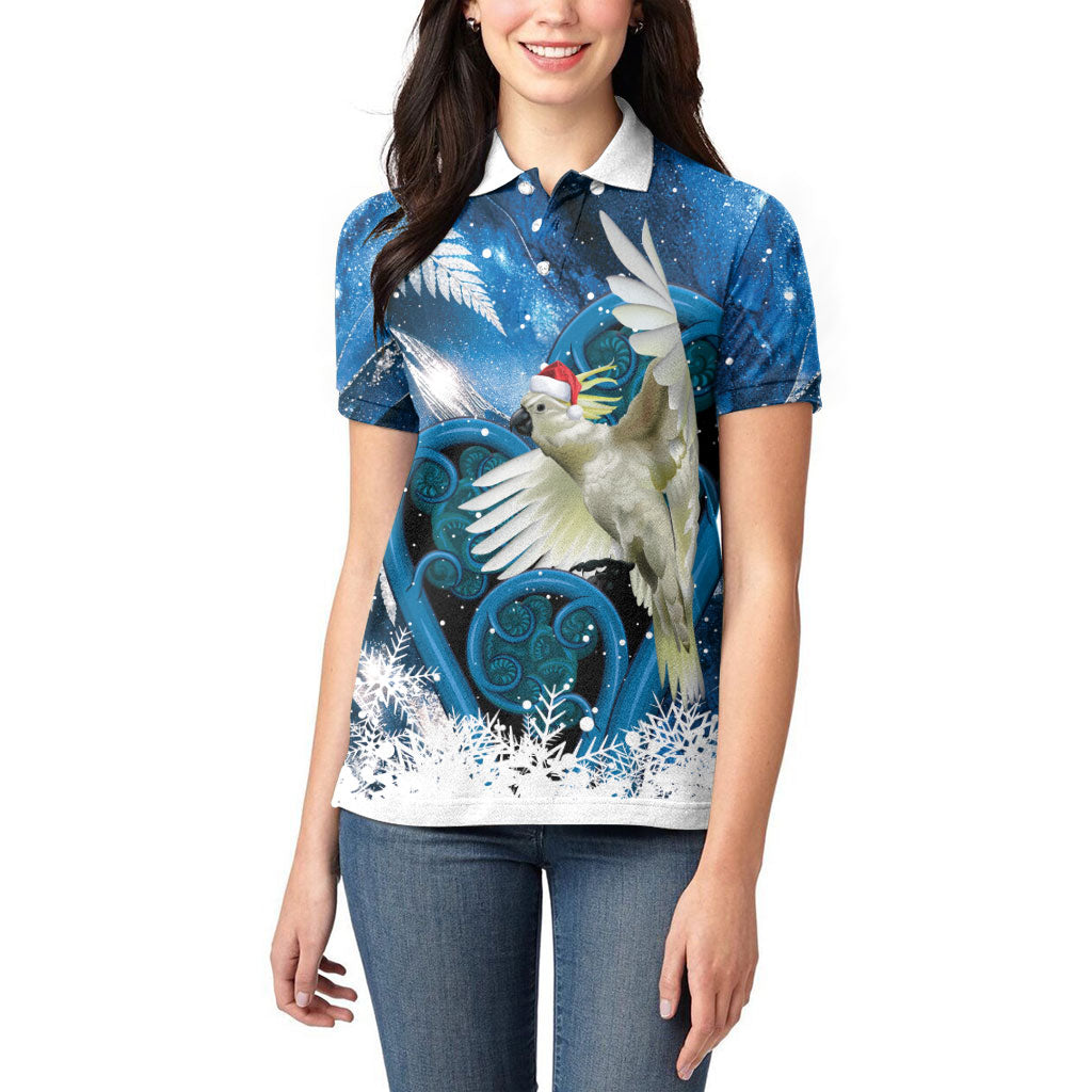 Sulphur-crested Cockatoo New Zealand Christmas In July Women Polo Shirt NZ Aroha Koru Fern Marble Vibes LT14 - Polynesian Pride