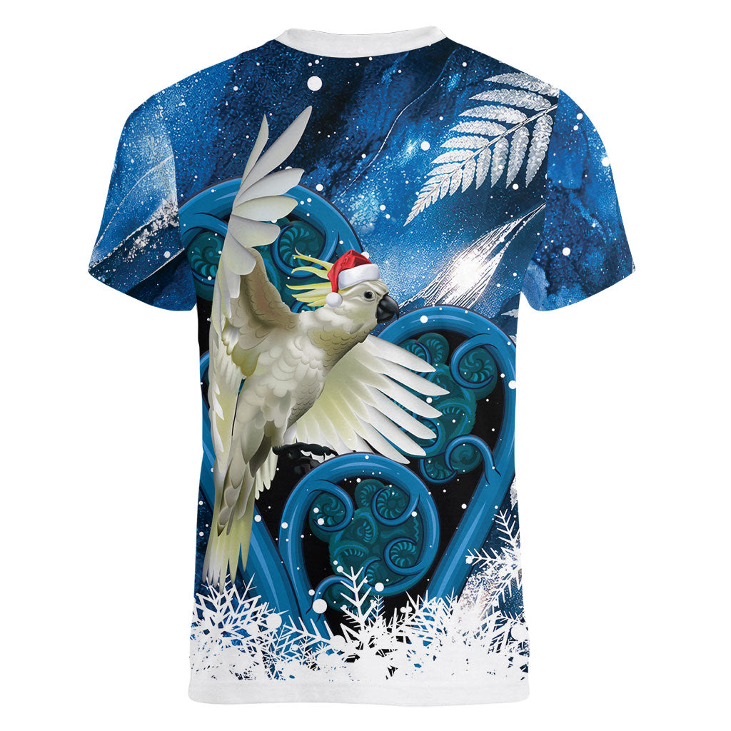 Sulphur-crested Cockatoo New Zealand Christmas In July Women V-Neck T-Shirt NZ Aroha Koru Fern Marble Vibes LT14 - Polynesian Pride