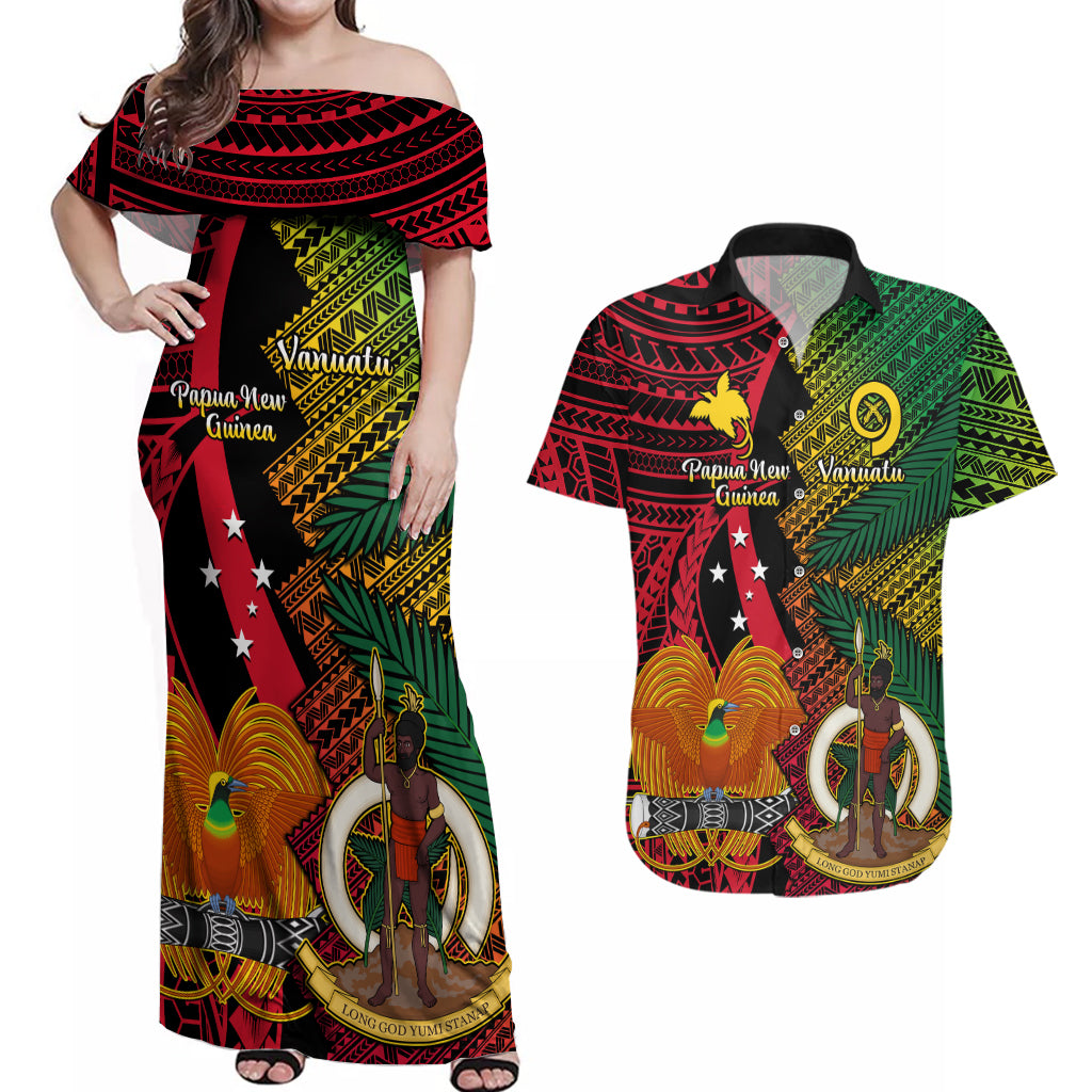 Vanuatu and Papua New Guinea Couples Matching Off Shoulder Maxi Dress and Hawaiian Shirt Vanuatuan With PNG Polynesian Pattern LT14 Black - Polynesian Pride