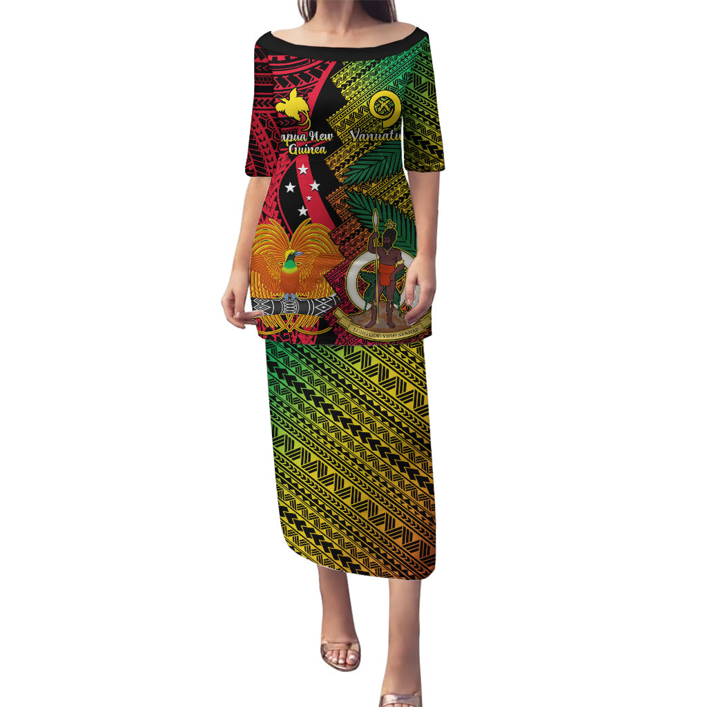 Vanuatu and Papua New Guinea Puletasi Vanuatuan With PNG Polynesian Pattern LT14 Long Dress Black - Polynesian Pride