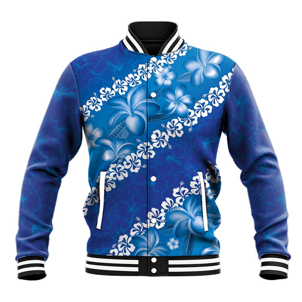 Vintage Blue Polynesia Baseball Jacket Plumeria With Hibiscus Tropical Vibes