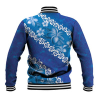 Vintage Blue Polynesia Baseball Jacket Plumeria With Hibiscus Tropical Vibes