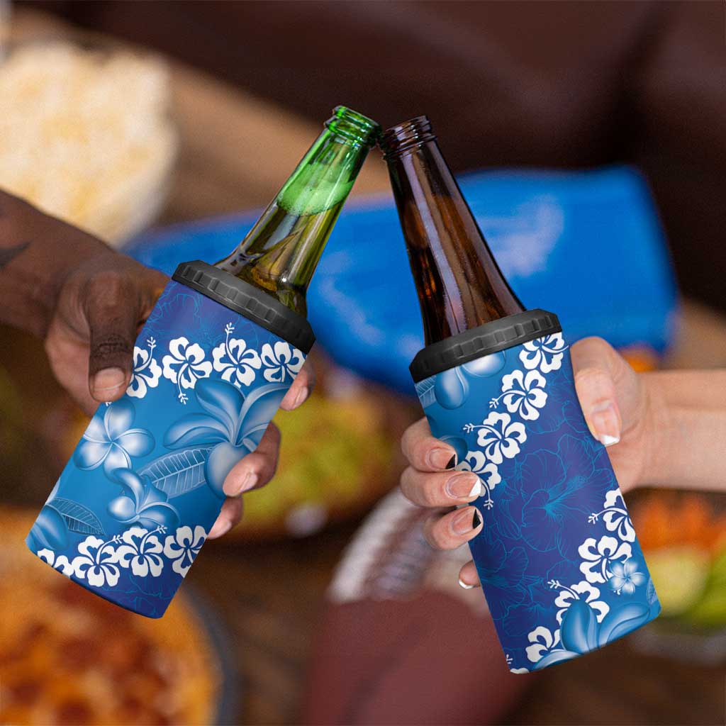 Vintage Blue Polynesia 4 in 1 Can Cooler Tumbler Plumeria With Hibiscus Tropical Vibes