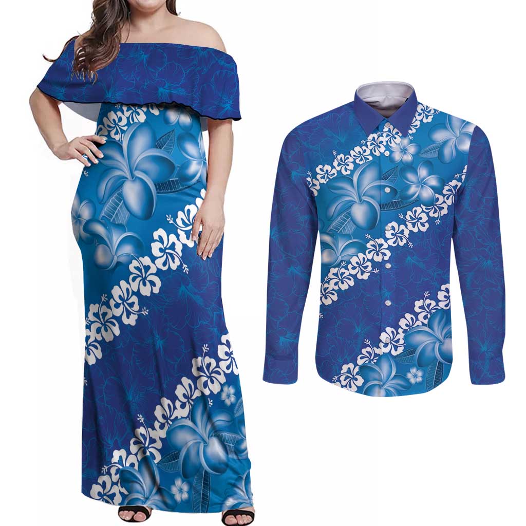 Vintage Blue Polynesia Couples Matching Off Shoulder Maxi Dress and Long Sleeve Button Shirt Plumeria With Hibiscus Tropical Vibes LT14 Blue - Polynesian Pride
