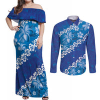 Vintage Blue Polynesia Couples Matching Off Shoulder Maxi Dress and Long Sleeve Button Shirt Plumeria With Hibiscus Tropical Vibes LT14 Blue - Polynesian Pride