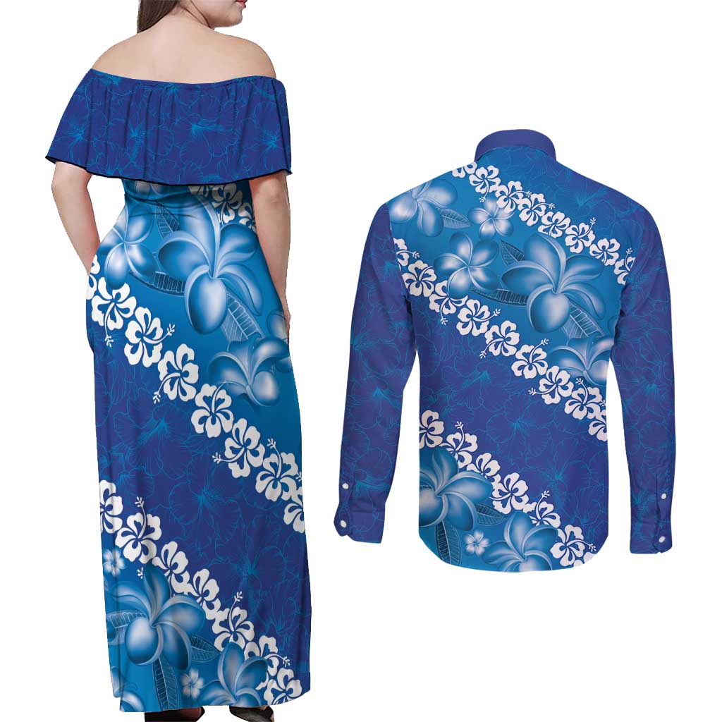 Vintage Blue Polynesia Couples Matching Off Shoulder Maxi Dress and Long Sleeve Button Shirt Plumeria With Hibiscus Tropical Vibes LT14 - Polynesian Pride