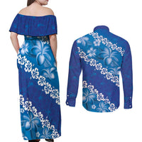 Vintage Blue Polynesia Couples Matching Off Shoulder Maxi Dress and Long Sleeve Button Shirt Plumeria With Hibiscus Tropical Vibes LT14 - Polynesian Pride