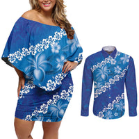 Vintage Blue Polynesia Couples Matching Off Shoulder Short Dress and Long Sleeve Button Shirt Plumeria With Hibiscus Tropical Vibes