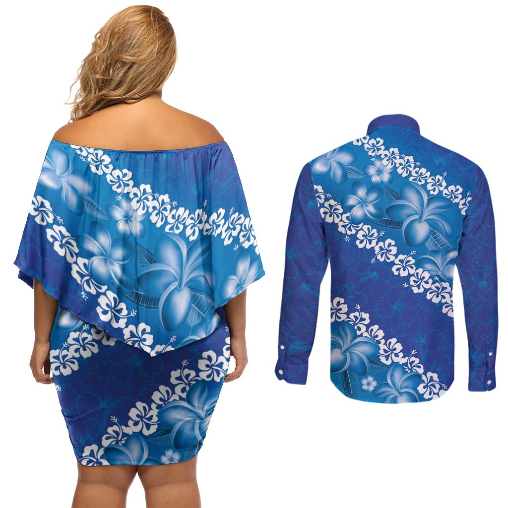 Vintage Blue Polynesia Couples Matching Off Shoulder Short Dress and Long Sleeve Button Shirt Plumeria With Hibiscus Tropical Vibes