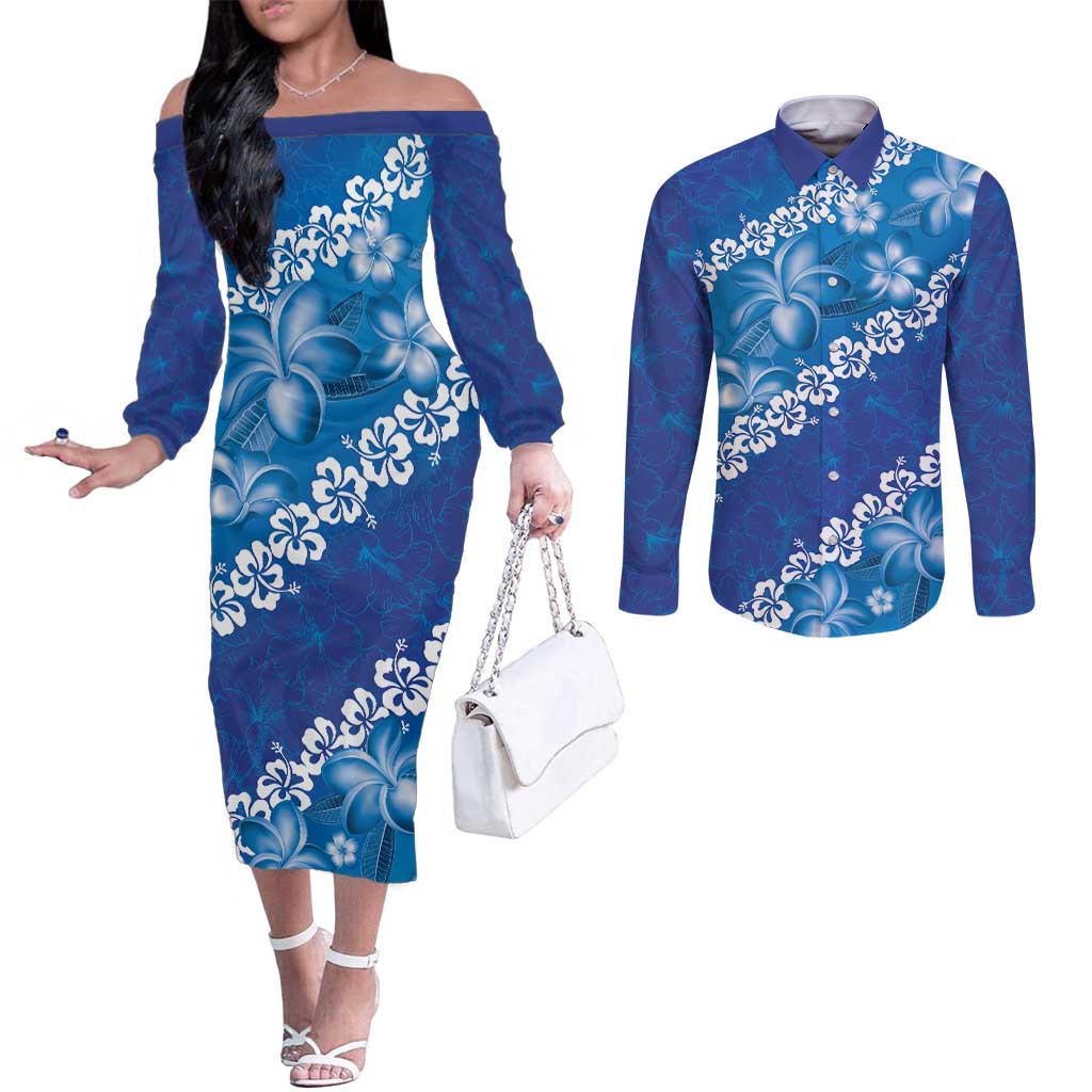 Vintage Blue Polynesia Couples Matching Off The Shoulder Long Sleeve Dress and Long Sleeve Button Shirt Plumeria With Hibiscus Tropical Vibes